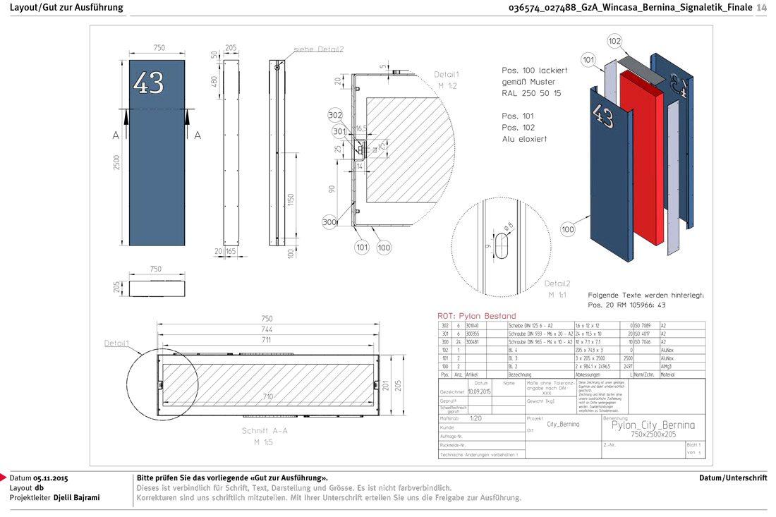 Das Layout zeigt wie die Stelen zusammengebaut und montiert werden