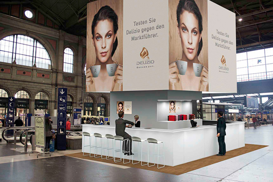 Promotionsstand mit 3D Visualisierung mit grossem Auftritt, Degustationstheke mitten im Hauptbahnhof Zuerich