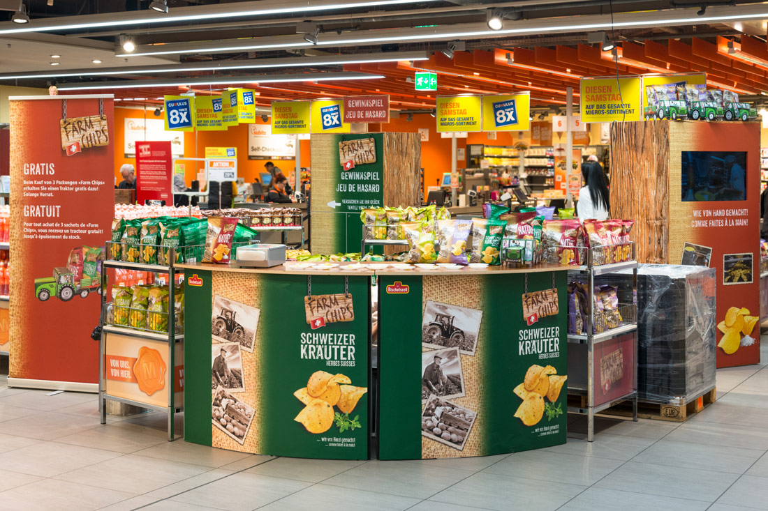 POS-Promotion Farm Chips Ein Produkt, wie auf dem Farmmarkt erhältlich – so lautet die Botschaft und wir vor Ort genau so umgesetzt.