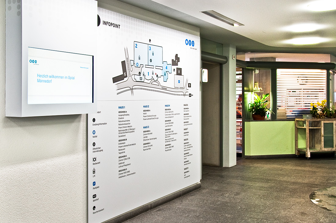 Informationstafel prominent am Eingang zeigt den Besuchern, Patienten und Personal klar und uebersichtlich wie sie schnell ans Ziel kommen.